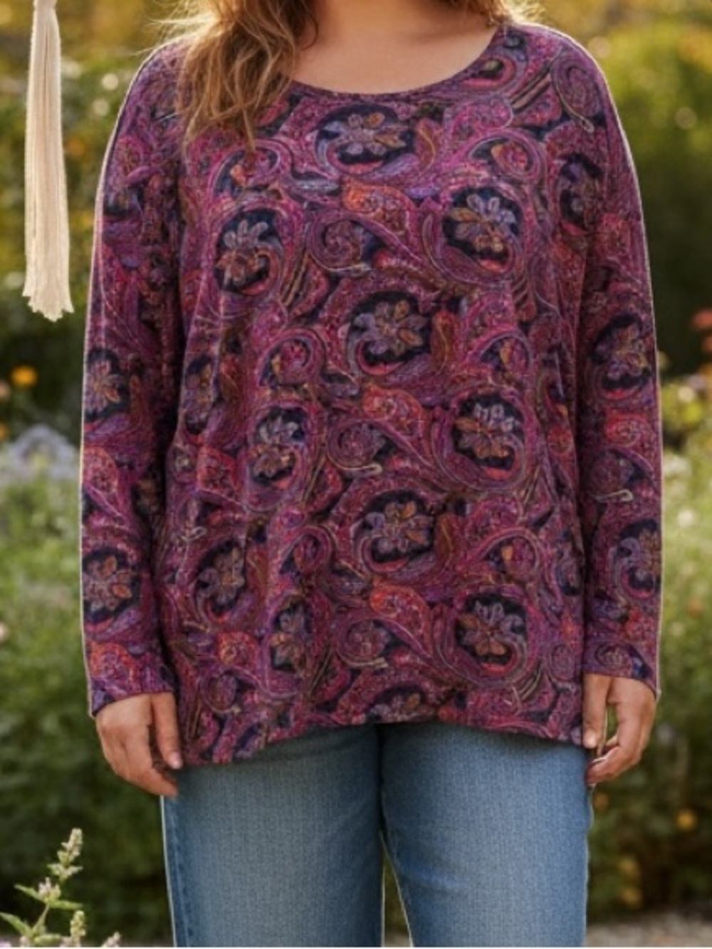 Jones New York boho  Top  Paisley Print Sz 2X Plus Purple Round Neck Knit